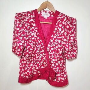 Vintage David Warren Hot Pink Barbie Core Floral Silk‎ Spring Wrap Blouse Size 6